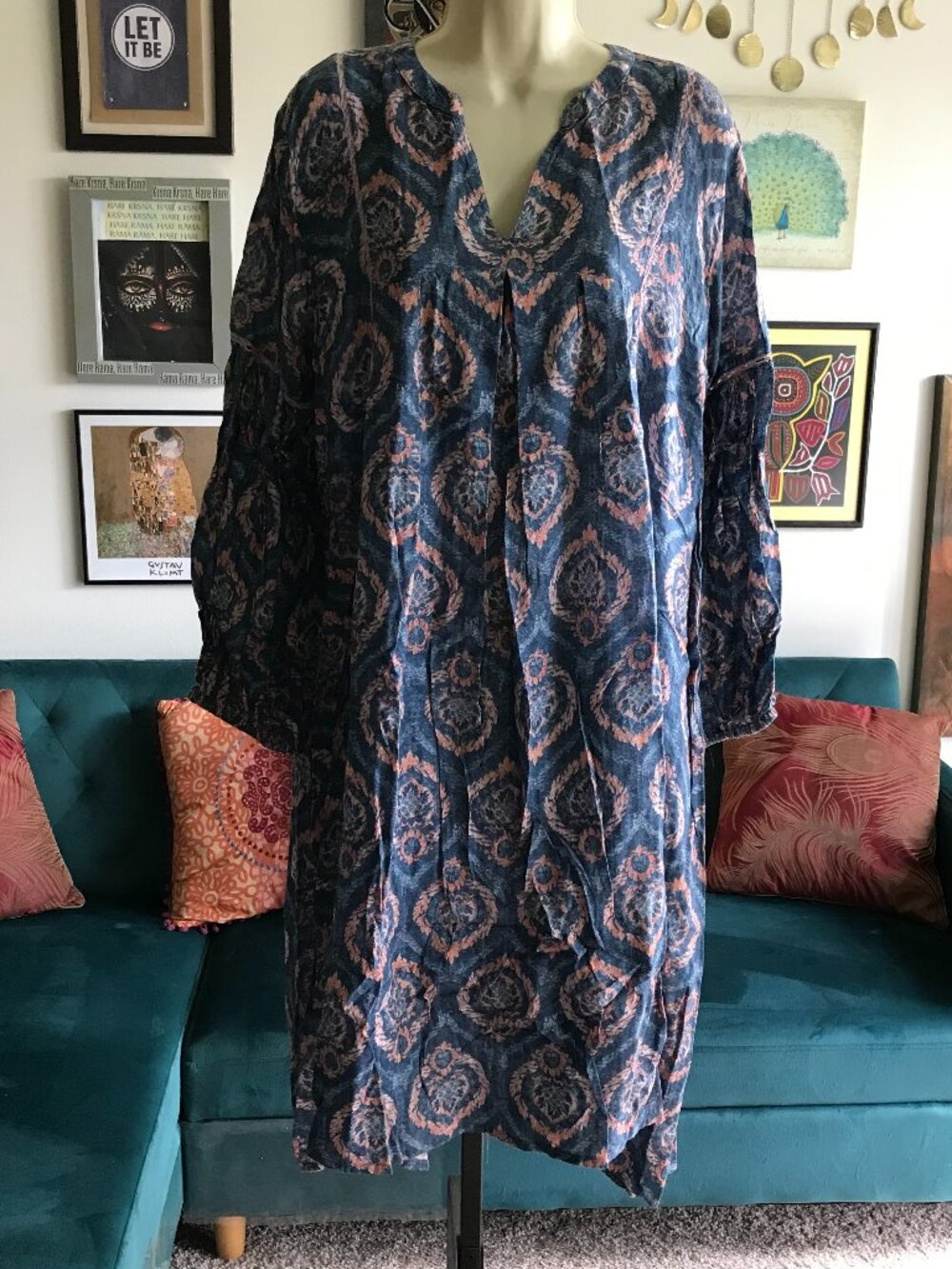WORLD MARKET size L / XL Blue & Coral Batik Print Swingy Artsy Muu Muu Dress